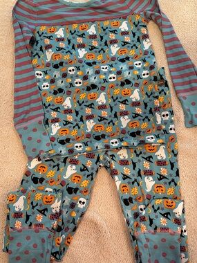 Matilda Jane Teal Halloween Pajama Set with Plum Stripes & Polka Dots